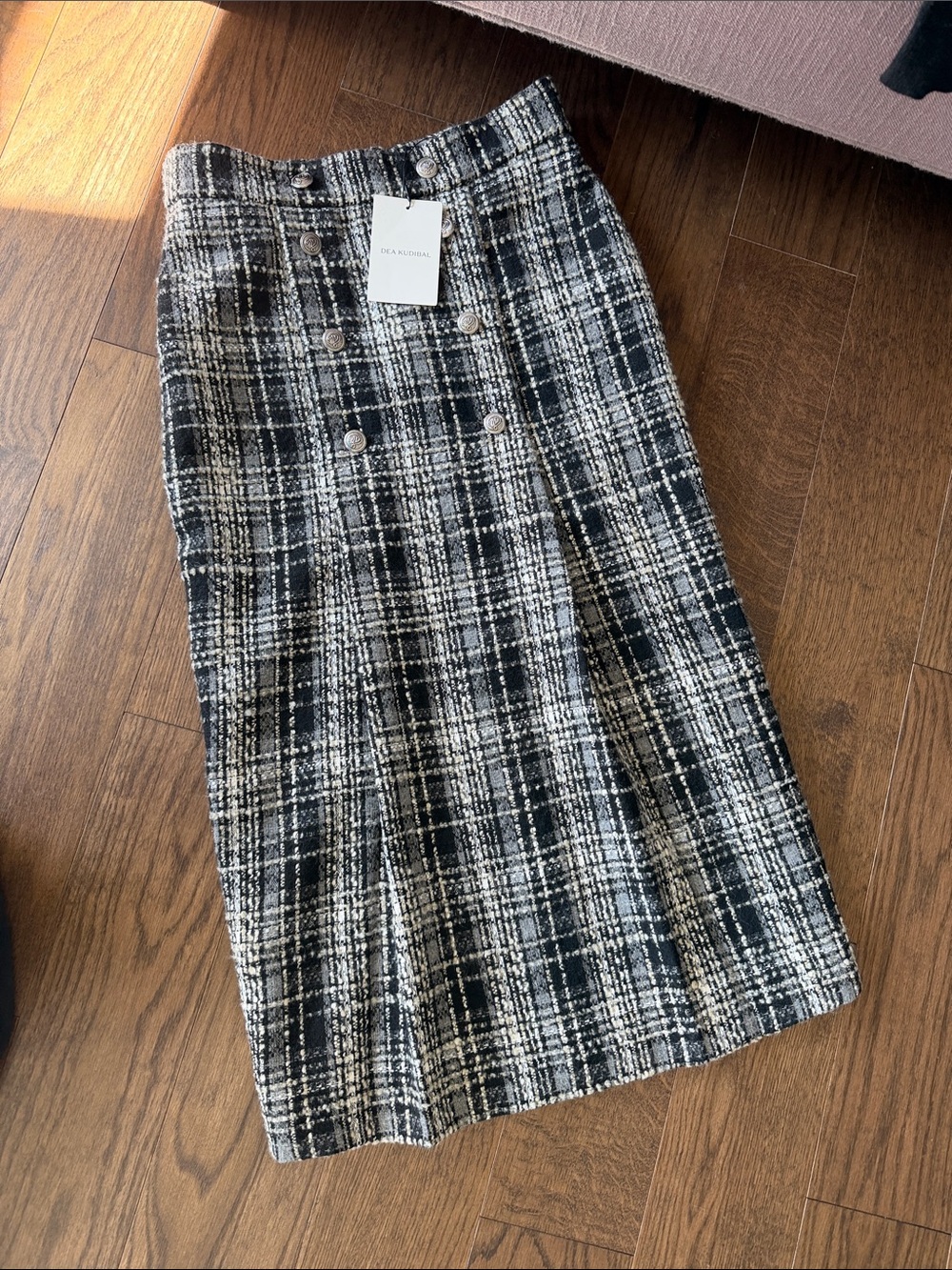 Double-Breasted Black & White Plaid Midi Skirt